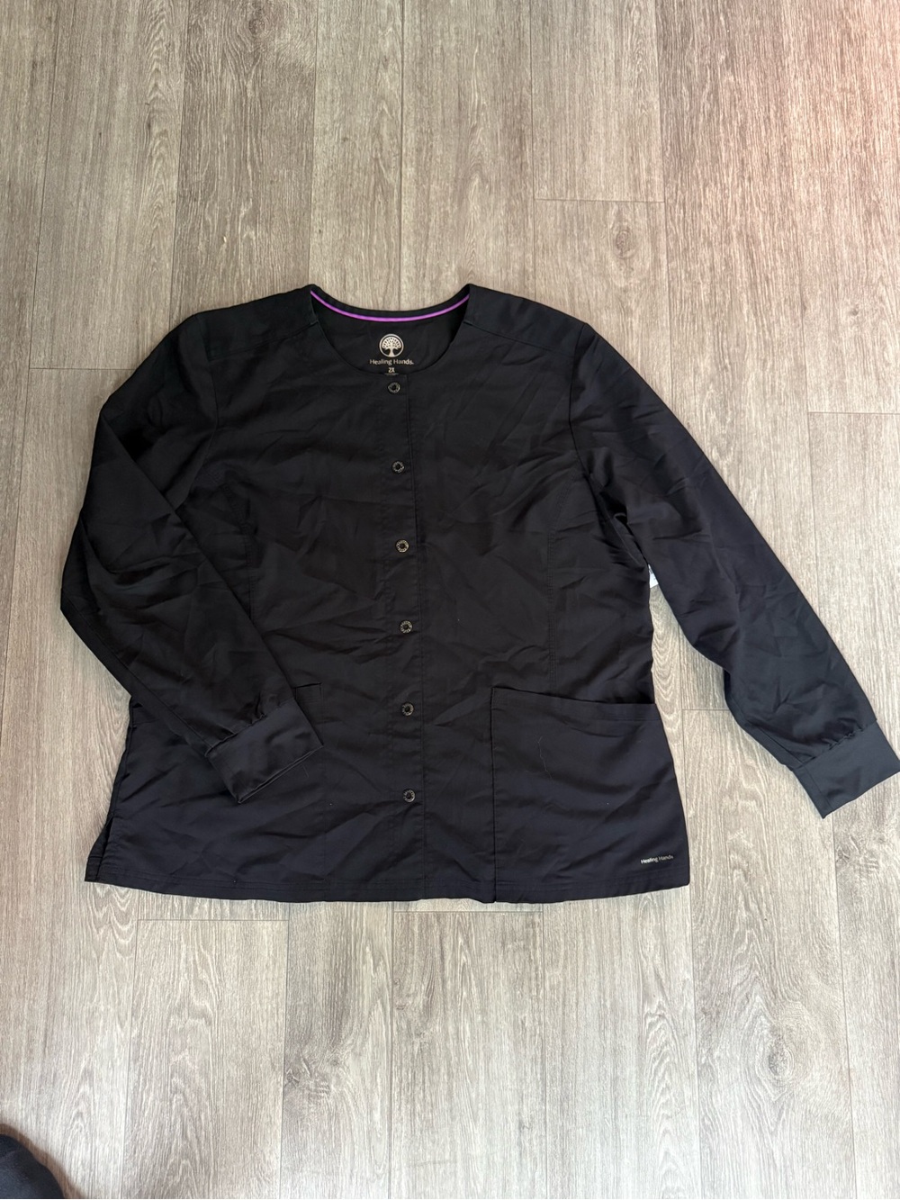 healing hands Black Long-Sleeve Button Scrub Jacket and Pants Set
